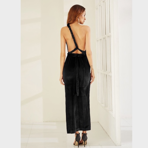 Convertible High Slit Velvet Maxi Dress Black - Picture 3 of 8